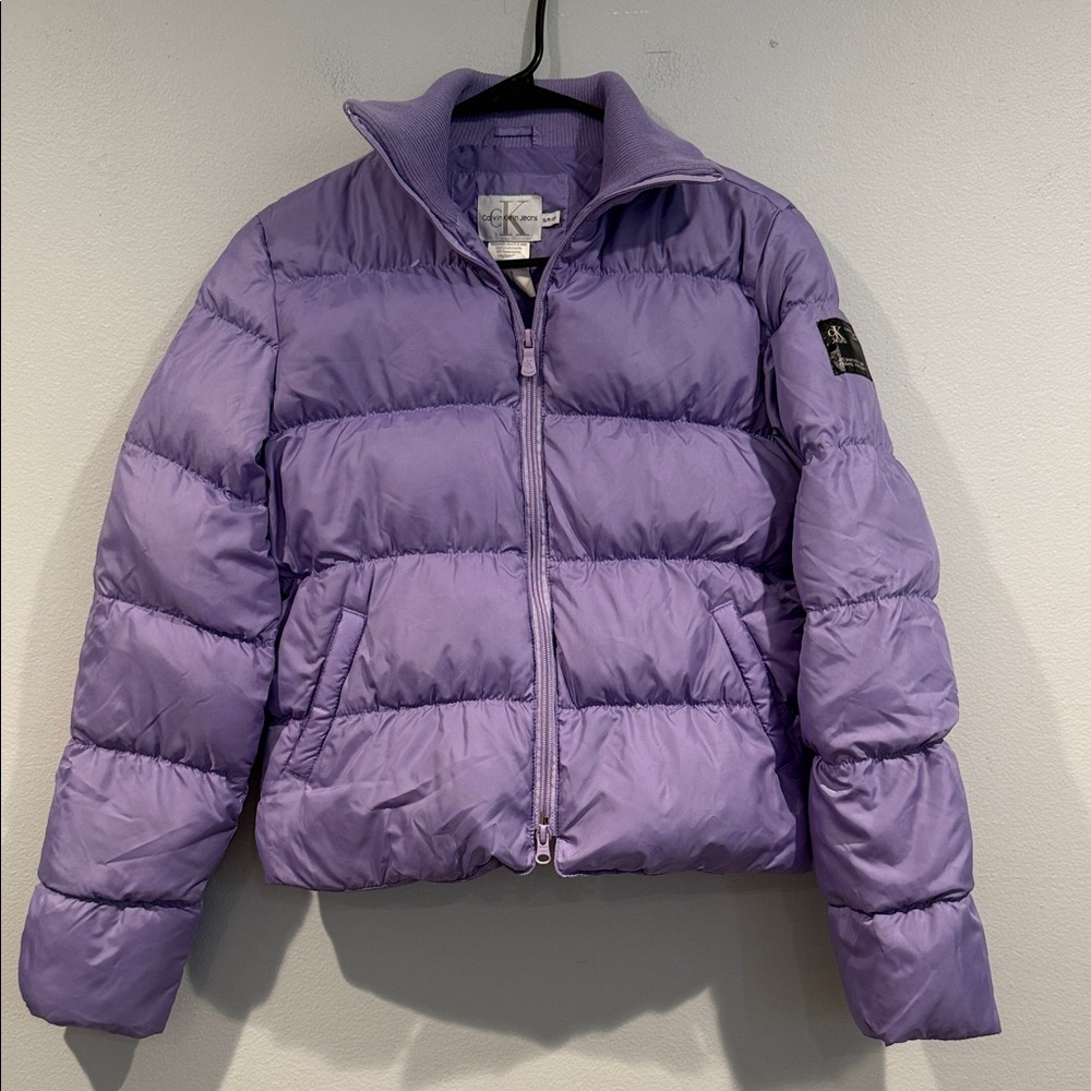 Calvin Klein Cropped Purple Feather Puffer Jacket